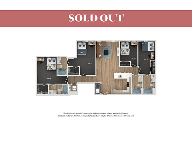 Modern floor plan with 4 bedrooms, a spacious living room, luxurious kitchen, and two well-appointed bathrooms, showcasing elegant design and functional layout.