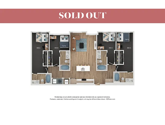 Elegant 3D floor plan showcasing 4 bedrooms, interconnected living and dining area, plus modern kitchen, highlights comfort and style.