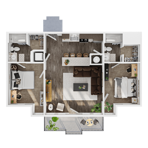 Modern open-concept floor plan featuring 2 bedrooms, 2 bathrooms, a stylish kitchen with an island, and a cozy living room. Includes a charming balcony area, perfect for relaxation.