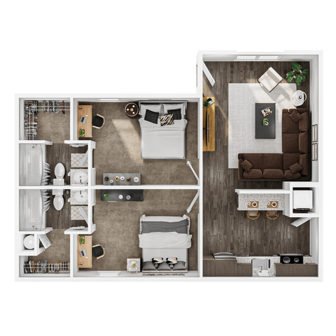 Modern 2D apartment floor plan featuring two bedrooms, two bathrooms, an open kitchen with a breakfast bar, and a cozy living room with stylish furnishings.
