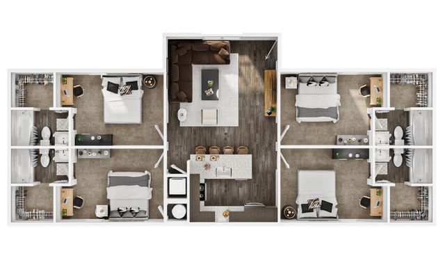 Elegant floor plan showcasing 3 bedrooms, a stylish open-concept kitchen, and a welcoming living area with modern furnishings.