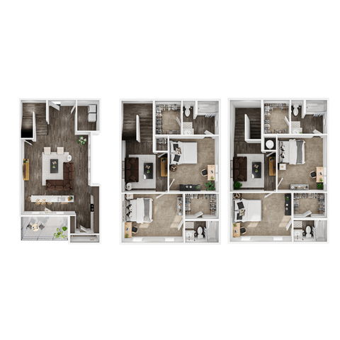 Modern 3D apartment floor plan showcasing three levels. The first level features an inviting open-concept living room and kitchen with a balcony. The second and third levels each offer two cozy bedrooms and a shared bathroom, perfect for comfortable living.