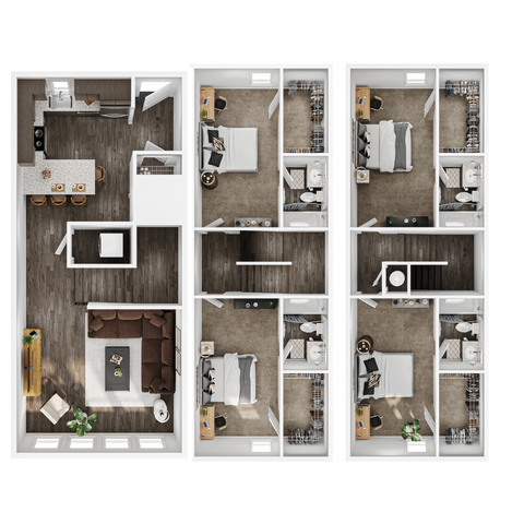 Expansive 3D floor plan of a modern apartment featuring 3 bedrooms, an elegant open kitchen with a breakfast bar, and a cozy living area. Perfect for comfortable and stylish living.