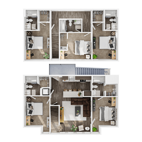 Modern apartment floor plan showcasing two levels with three cozy bedrooms, two stylish bathrooms, an open-concept kitchen, and a welcoming living area.