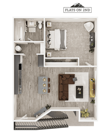 Chic apartment floor plan featuring a modern open-concept living area, sleek kitchen, cozy bedroom, and a stylish bathroom layout.