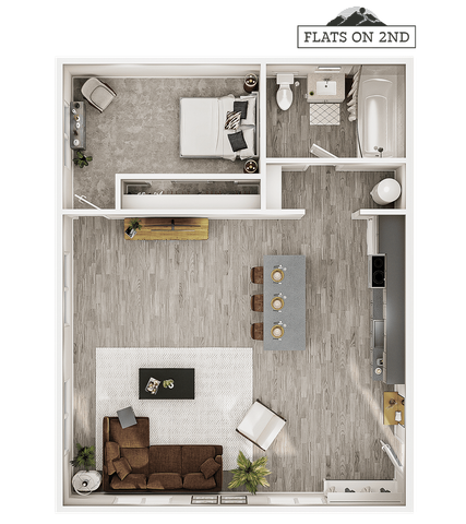 Modern 1-bedroom apartment floor plan featuring an open layout with a cozy living area, sleek kitchen with bar seating, and a stylish bathroom.