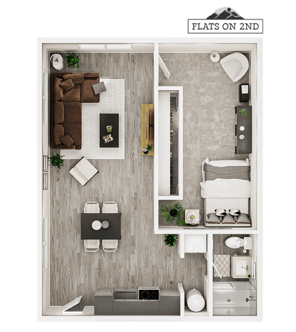 Chic 3D apartment floor plan featuring one bedroom, a modern living area, open dining space, and kitchen with elegant finishes. Perfect blend of comfort and style.
