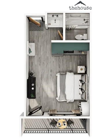 Chic studio apartment floor plan featuring a cozy bedroom area, modern bathroom, and spacious balcony, perfect for urban living.