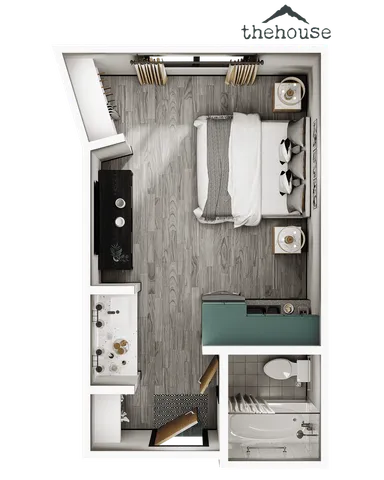 Chic studio apartment floor plan showcasing a cozy bedroom area, modern kitchenette, and elegant bathroom.