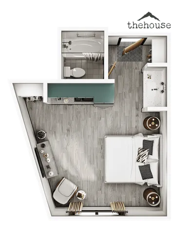 Chic studio apartment floor plan showcasing modern bathroom, cozy sleeping area, and compact kitchen layout.