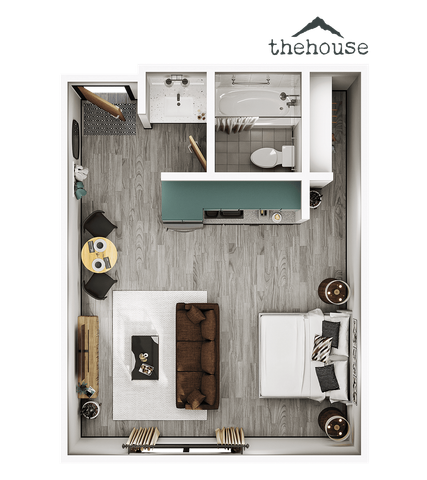Modern studio apartment floor plan with stylish living area, cozy sleeping space, functional kitchenette, and sleek bathroom design.