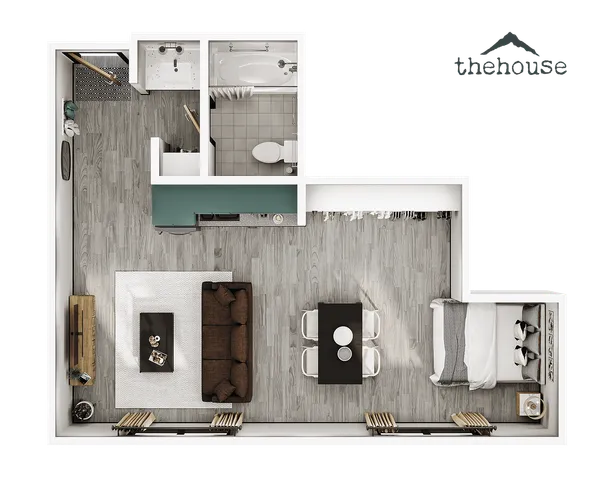 Modern studio apartment floor plan showcasing an open living area with cozy seating, dining space, chic kitchen, and relaxing bedroom nook.