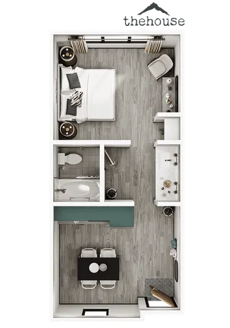 Chic studio floor plan featuring a cozy bedroom, modern kitchen, stylish dining area, and a well-appointed bathroom.