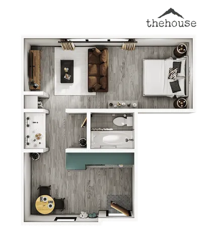 Chic 3D floor plan with cozy bedroom, stylish living area, and modern kitchen, perfect for urban living.