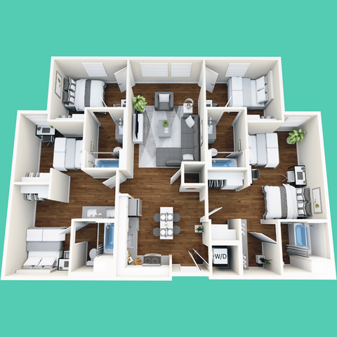 Modern 3D floor plan showcasing four bedrooms, an open living space, and a stylish dining area with hardwood floors and elegant design.