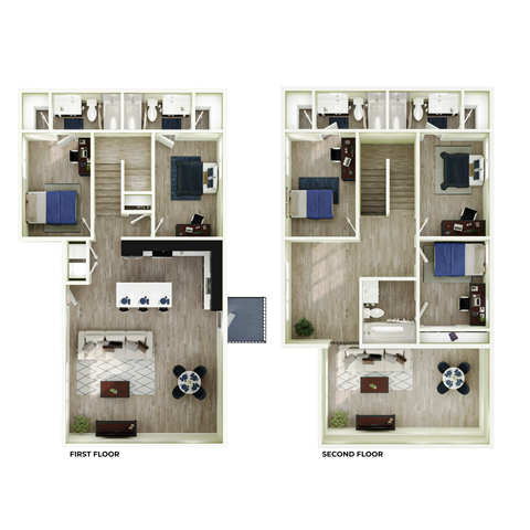 Modern two-story floor plan showcasing a spacious layout with three bedrooms, an inviting open-concept living area, and a sleek kitchen. Ideal for comfortable family living.