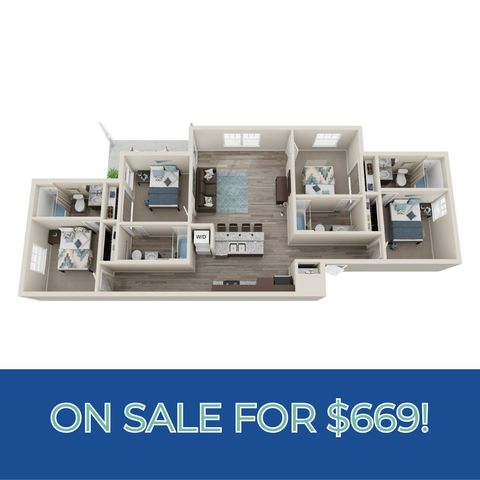 Spacious 3D apartment floor plan with three bedrooms, modern kitchen, stylish living area, and two bathrooms; now on sale for $669!