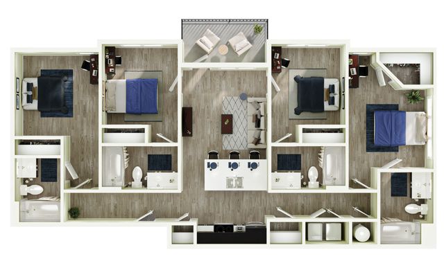 Modern 3-bedroom floor plan featuring an open-concept living area, stylish kitchen island, and private balcony for relaxation.