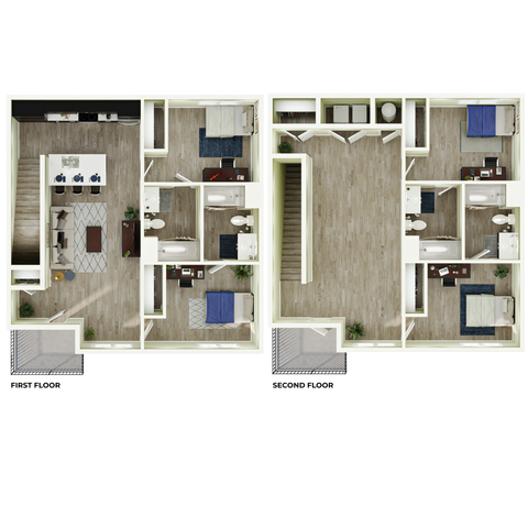 Modern two-story floor plan featuring three bedrooms, a stylish open kitchen with island, and a spacious living area, perfect for family living.