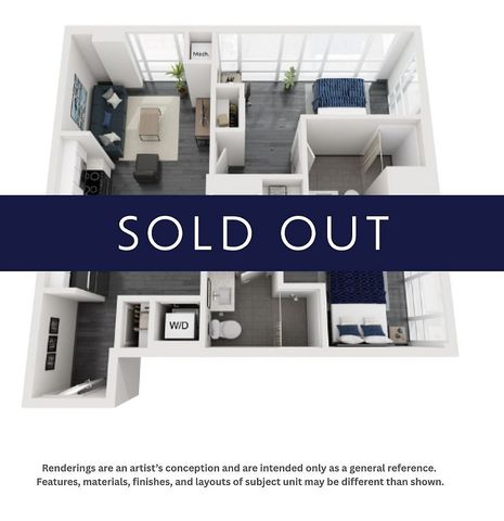 Modern open-concept 3D floor plan featuring one bedroom, stylish living area, and sleek kitchen, marked as sold out.