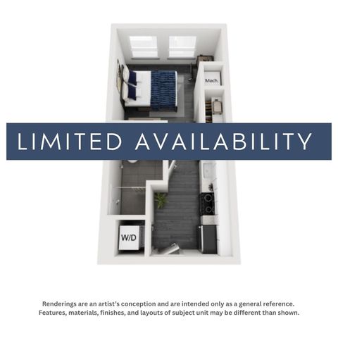 Modern 3D apartment floor plan featuring a cozy bedroom, sleek kitchen, and efficient bathroom layout with in-unit washer/dryer space. Limited availability.