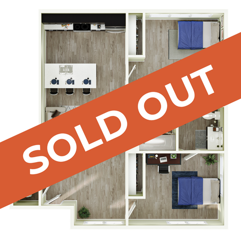 Sophisticated 2D floor plan showcasing two bedrooms, a modern kitchen, and inviting living space, now sold out.