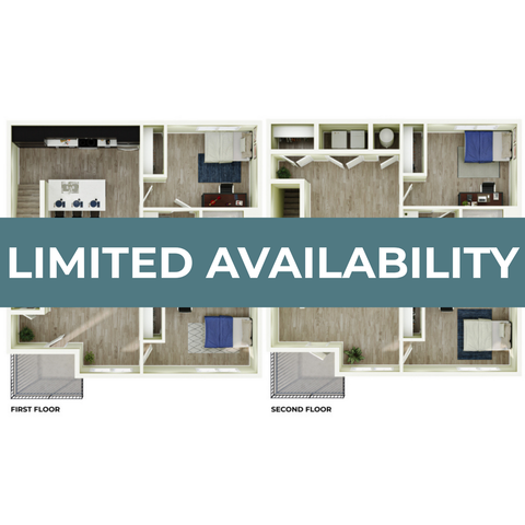Chic two-story apartment floor plan with open kitchen, spacious living area, and comfortable bedrooms, highlighting limited availability.