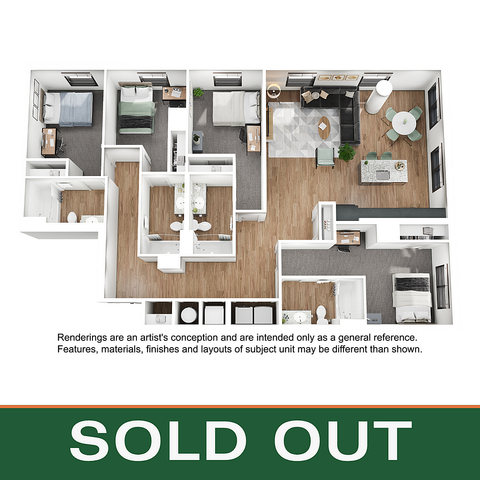 Modern 3-bedroom apartment floor plan with open-concept living and dining area, sleek kitchen, and bright spaces. SOLD OUT.