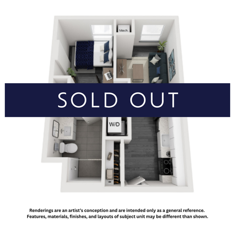 Modern 1-bedroom apartment floor plan featuring a cozy living area, sleek kitchen, and stylish bathroom.