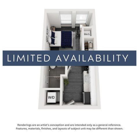 Modern 3D floor plan showcasing a cozy one-bedroom apartment with a stylish open kitchen and bathroom. Features in-unit washer/dryer and ample natural light. Limited availability.