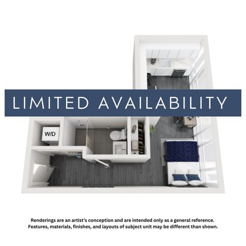 Modern 1-bedroom apartment floor plan with open kitchen, cozy living area, and natural light, labeled as limited availability.