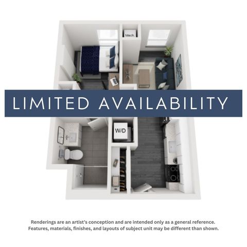Modern 3D floor plan illustrating a cozy one-bedroom apartment with a stylish living area, compact kitchen, and convenient bathroom layout. Limited availability for a chic urban living experience.