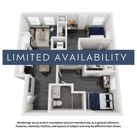 Chic 3D floor plan showcasing 2 cozy bedrooms, a sleek open-concept living area, and a modern kitchen. Limited availability highlighted.