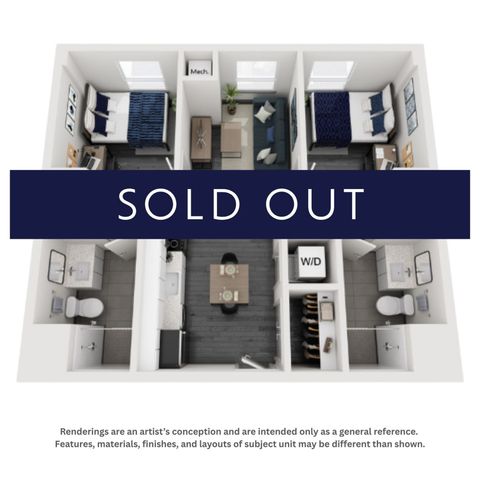 Modern 3D floor plan showcasing two cozy bedrooms, a stylish living room, and state-of-the-art kitchen, all marked as sold out.