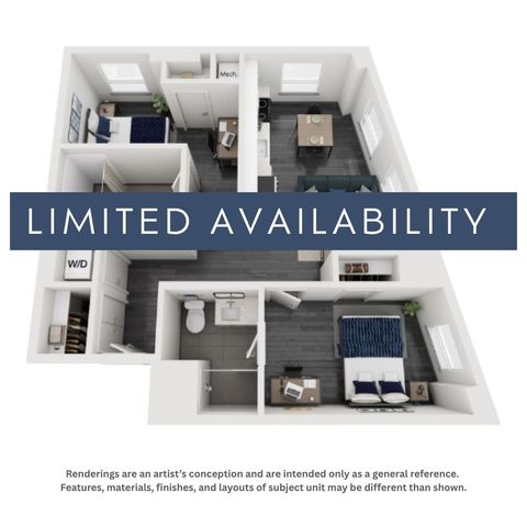 Inviting 3D floor plan showcasing 2 bedrooms, modern open-concept living space, and efficient kitchen layout. Limited availability.