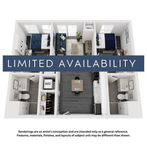 Modern 3D floor plan showcasing 2 bedrooms, sleek kitchen, cozy living area, and elegant bathrooms. Limited availability.
