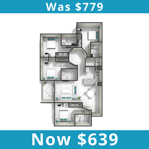 Modern 3-bedroom apartment floor plan with spacious living and dining areas, discounted from $779 to $639.