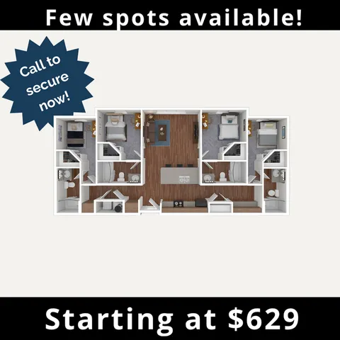 Modern floor plan highlighting three bedrooms, expansive living area, and sleek kitchen, starting at $629.
