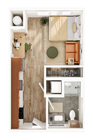 Modern open-concept studio with smart workspace, cozy living area, well-equipped kitchen, and sleek bathroom design.