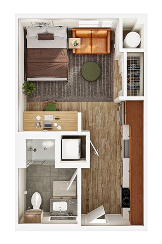 Modern studio apartment floor plan showcasing a cozy bedroom area, sleek kitchen, and stylish bathroom with efficient use of space.