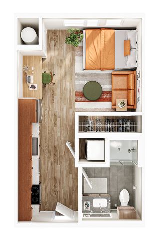 Compact apartment floor plan showcasing a modern studio layout with a cozy bedroom, elegant living area, sleek kitchenette, and efficient bathroom setup.
