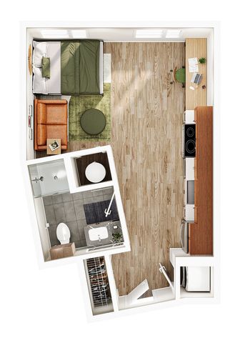 Modern studio apartment floor plan with open living area, cozy bedroom, efficient kitchen, and well-appointed bathroom.