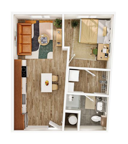 Modern 2D floor plan showcasing a cozy 1-bedroom apartment with open-concept living and dining area, sleek kitchen, and stylish bathroom.