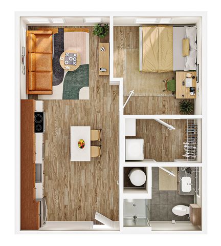 Modern one-bedroom apartment floor plan featuring an open-concept living and kitchen area, cozy dining space, sleek bathroom, and dedicated workspace.