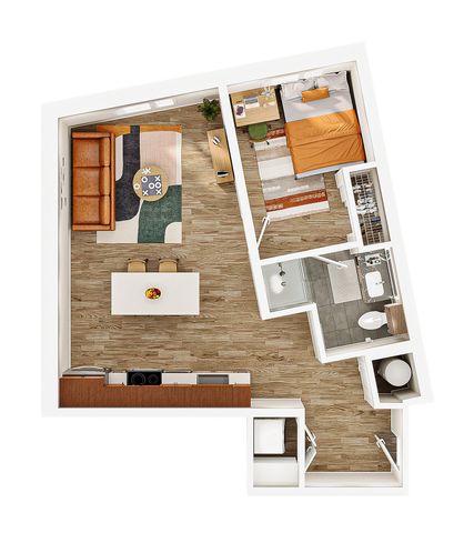 Modern floor plan showcasing a cozy 1-bedroom apartment with open-concept living area, sleek kitchen, and stylish bathroom.