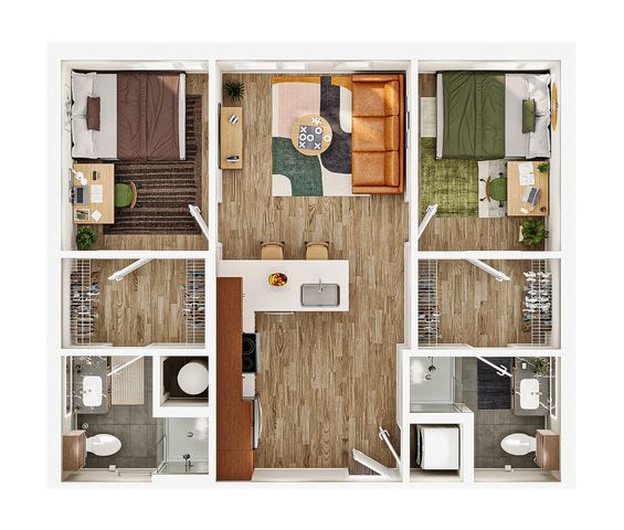 Charming 3D floor plan showcasing two cozy bedrooms, a stylish open living area with modern kitchen, and two contemporary bathrooms.