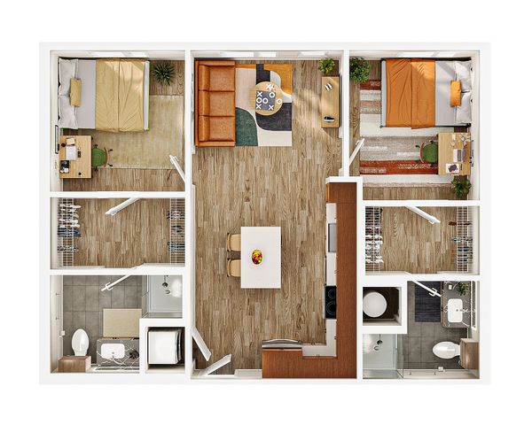 Chic 3D floor plan showcasing 2 bedrooms, a sleek open-concept living area, and a modern kitchen with island seating.