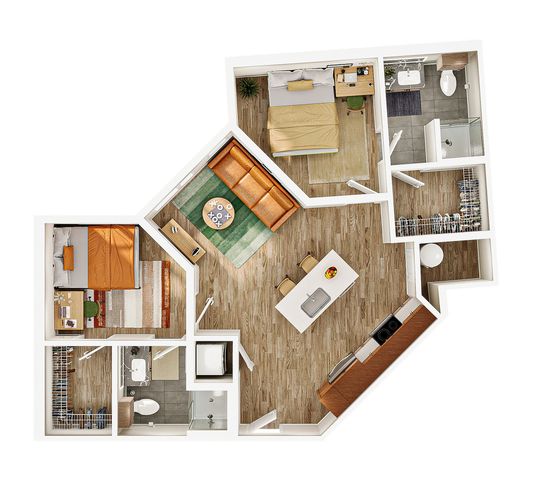Modern floor plan featuring 2 spacious bedrooms, a cozy living area with a plush sofa, an elegant kitchen with a center island, and 2 bathrooms, perfect for stylish city living.