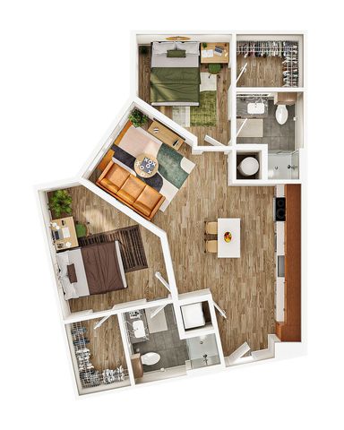 Chic 3D floor plan featuring 2 bedrooms, open living area, modern kitchen, and 2 bathrooms with stylish finishes.