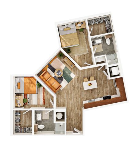 Modern 3D floor plan showcasing 2 bedrooms, inviting living area, sleek kitchen, and 2 stylish bathrooms.